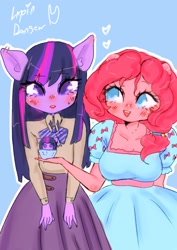Size: 1240x1754 | Tagged: safe, artist:lapin_danseur, artist:lapindanseur, imported from derpibooru, pinkie pie, twilight sparkle, anthro, ambiguous facial structure, blouse, clothes, colored pupils, cupcake, dress, duo, female, food, lesbian, missing horn, shipping, skirt, twinkie