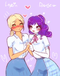 Size: 700x899 | Tagged: safe, artist:lapin_danseur, imported from derpibooru, applejack, rarity, human, blushing, clothes, duo, female, heart, holding hands, humanized, lesbian, rarijack, shipping, shirt, skirt