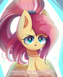 Size: 2100x2550 | Tagged: safe, artist:miryelis, derpibooru exclusive, idw, imported from derpibooru, fluttershy, pegasus, pony, spoiler:comic, spoiler:g5comic, spoiler:g5comic06, alternate hairstyle, big ears, big eyes, cute, female, g5, implied discord, long hair, looking at you, mare, scene interpretation, shyabetes, signature, simple background, solo, text, wings