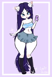 Size: 1181x1748 | Tagged: safe, artist:lapin_danseur, imported from derpibooru, rarity, anthro, alternate hairstyle, ambiguous facial structure, bandeau, boots, cellphone, clothes, curvy, ear piercing, earring, female, hourglass figure, jewelry, missing horn, necklace, phone, piercing, shoes, skirt, smartphone, solo, thighs, thunder thighs, wide hips