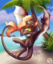 Size: 2500x3000 | Tagged: safe, artist:whatamellon, imported from derpibooru, oc, oc only, bat pony, pegasus, beach, beach ball, palm tree, solo, summer, tree