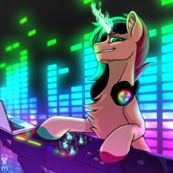 Size: 4000x4000 | Tagged: safe, artist:whatamellon, imported from derpibooru, oc, pony, unicorn, headphones, music, solo, ос:archieеscher