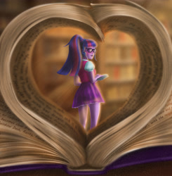 Size: 3354x3424 | Tagged: safe, artist:polnocnykot, imported from derpibooru, sci-twi, twilight sparkle, human, equestria girls, blouse, blushing, book, breasts, clothes, cute, detailed, detailed background, female, glasses, heart, library, looking at you, looking back, looking back at you, miniskirt, missing horn, reading, school, school uniform, schoolgirl, sci-twi outfits, shiny, skirt, small breasts, smiling, smiling at you, text, turned head, twiabetes, vest, wingless, wingless anthro