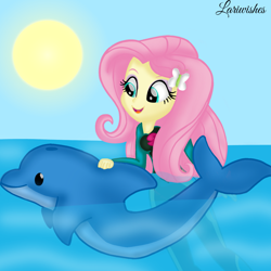 Size: 1400x1400 | Tagged: safe, artist:mlplary6, imported from derpibooru, fluttershy, dolphin, human, equestria girls, animal, female, looking at each other, looking at someone, ocean, smiling, sun, swimming, water, wetsuit