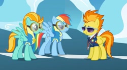 Size: 2160x1190 | Tagged: safe, imported from derpibooru, screencap, lightning dust, rainbow dash, spitfire, pegasus, pony, wonderbolts academy, clothes, cloudsdale, drill sergeant, female, goggles, mare, necktie, spitfire's whistle, suit, sunglasses, uniform, whistle, whistle necklace, wonderbolt trainee uniform, wonderbolts dress uniform