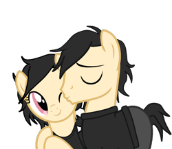 Size: 1012x878 | Tagged: safe, artist:edy_january, imported from derpibooru, oc, oc only, oc:andrew, oc:ashley, earth pony, pony, base, base used, brother and sister, clothes, eyes closed, female, goth, gothic, hug, kissing, link in description, male, pants, red eyes, shipping, siblings, simple background, smiling, sweater, the coffin of andy and leyley, transparent background, twins