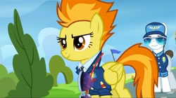 Size: 2160x1209 | Tagged: safe, imported from derpibooru, screencap, fast clip, manerick, spitfire, pegasus, pony, wonderbolts academy, annoyed, bush, clothes, cloud, cloudsdale, drill sergeant, female, flag, flag pole, grass, male, mare, necktie, serious, serious face, smiling, spitfire's whistle, stallion, sunglasses, uniform, whistle, whistle necklace, wonderbolts, wonderbolts dress uniform