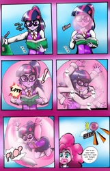 Size: 720x1118 | Tagged: safe, artist:rahmanguntur, imported from derpibooru, pinkie pie, sci-twi, twilight sparkle, human, equestria girls, friendship games, bubble, bubble solution, bubblegum, comic, floating, food, gum, in bubble, sky, trapped