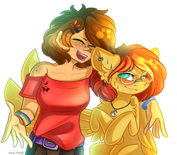 Size: 2400x2100 | Tagged: safe, artist:yuris, imported from derpibooru, oc, oc:dan yuris, oc:yuris, human, pegasus, pony, female, floppy ears, freckles, frog (hoof), hug, humanized, lgbt, open mouth, ponified, simple background, smiling, spread wings, underhoof, white background, wings