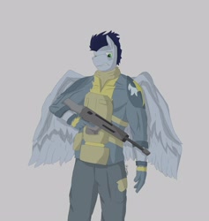 Size: 2889x3042 | Tagged: safe, artist:stemtex477, artist:yo tengo, imported from derpibooru, soarin', anthro, clothes, gun, military uniform, solo, uniform, vest, weapon