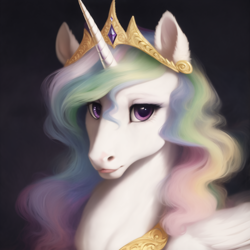 Size: 1536x1536 | Tagged: safe, derpibooru exclusive, editor:zealousmagician, imported from derpibooru, prompter:zealousmagician, princess celestia, alicorn, pony, ai content, ai generated, black background, bust, ear fluff, female, g4, generator:purplesmart.ai, generator:stable diffusion, hoers, horn, jewelry, long mane, looking at you, mare, portrait, purple eyes, regal, regalia, simple background, solo