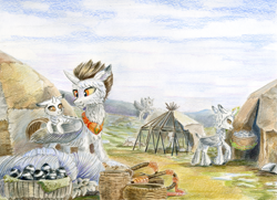 Size: 1723x1250 | Tagged: safe, artist:maytee, imported from derpibooru, oc, oc only, oc:king siku, changeling, nymph, basket, changeling king, changeling oc, chest fluff, cocoon, colored pencil drawing, commission, ear fluff, egg, fluffy, male, silk, snow, snow changeling, spring, traditional art, unshorn fetlocks, yurt