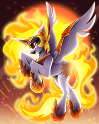Size: 2400x3000 | Tagged: safe, artist:starcasteclipse, imported from derpibooru, daybreaker, alicorn, pony, alter ego, antagonist, armor, armored pony, background, burning, clothes, collar, colored, devious, devious smile, ear fluff, elbow fluff, evil counterpart, female, fiery mane, fire, flying, full body, full color, gradient background, headgear, highlights, jewelry, large wings, long mane, long tail, looking back, mare, particles, raised hoof, regalia, shading, sharp teeth, shoes, simple background, smiling, solo, spread wings, tail, teeth, upright, white coat, wings, yellow background, yellow eyes