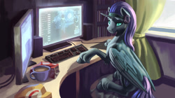 Size: 2150x1200 | Tagged: safe, artist:kirillk, imported from derpibooru, oc, oc only, oc:nyx, alicorn, pony, alicorn oc, computer, headphones, horn, keyboard, monitor, sitting, solo, speaker, window, wings