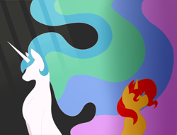 Size: 888x675 | Tagged: safe, artist:daotterguy, imported from derpibooru, princess celestia, sunset shimmer, alicorn, pony, unicorn, fanfic:the final conversation, black background, flowing mane, silhouette, simple background