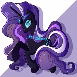 Size: 3000x3000 | Tagged: safe, artist:edgyanimator, derpibooru exclusive, imported from derpibooru, part of a set, nightmare rarity, rarity, pony, unicorn, beautiful, big horn, black coat, black fur, blue eyes, blue eyeshadow, cel shading, choker, colored, colored eyelashes, colored lineart, crown, diamond, digital art, drop shadow, elegant, ethereal mane, eyelashes, eyeshadow, female, firealpaca, flowy tail, full body, gradient hair, gradient mane, gradient tail, hair, high res, highlights, horn, jewelry, jpg, long hair, long horn, long legs, long mane, long tail, looking sideways, looking to the right, makeup, mare, necklace, nicemare rarity, peytral, profile, purple background, purple hair, purple mane, purple tail, quadrupedal, raised hoof, raised hooves, regalia, shading, shadow, shiny hair, shiny mane, shiny tail, signature, simple background, smiling, smirk, solo, sparkles, starry hair, starry mane, starry tail, stars, tail, wall of tags