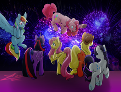 Size: 2482x1885 | Tagged: safe, artist:wifflethecatboi, imported from derpibooru, applejack, fluttershy, pinkie pie, rainbow dash, rarity, twilight sparkle, alicorn, earth pony, pegasus, pony, unicorn, balloon, blue eyes, calm, fireworks, floating, folded wings, green eyes, group, hat, looking at each other, looking at someone, looking away, looking down, magenta eyes, mane six, purple background, simple background, spread wings, standing, trotting, twilight sparkle (alicorn), wide eyes, wings