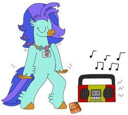 Size: 2332x2103 | Tagged: safe, artist:supahdonarudo, imported from derpibooru, oc, oc only, oc:sea lilly, classical hippogriff, hippogriff, bipedal, boombox, camera, dancing, jewelry, music notes, necklace, simple background, transparent background