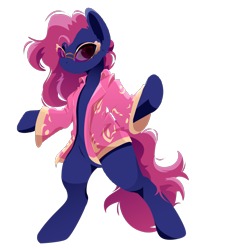 Size: 1024x1024 | Tagged: safe, artist:wifflethecatboi, imported from derpibooru, earth pony, pony, bipedal, blue body, clothes, curly hair, curly mane, curly tail, dancing, pink hair, pink mane, pink tail, simple background, solo, suit, sunglasses, tail, transparent background