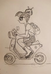 Size: 1434x2048 | Tagged: safe, artist:daisymane, imported from derpibooru, sci-twi, twilight sparkle, human, equestria girls, female, hair bun, monochrome, moped, pencil drawing, riding, solo, traditional art