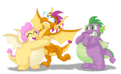 Size: 1920x1186 | Tagged: safe, artist:aleximusprime, imported from derpibooru, smolder, spike, oc, oc:buttercream the dragon, dragon, flurry heart's story, bear hug, commission, dragon oc, dragoness, eye bulging, eyes closed, fangs, fat, fat spike, female, grin, hand over mouth, hug, laughing, male, non-pony oc, older, older smolder, older spike, open mouth, simple background, smiling, spread wings, squeezing, transparent background, wings