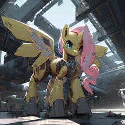 Size: 1024x1024 | Tagged: safe, imported from derpibooru, fluttershy, alicorn, human, pony, robot, robot pony, ai content, ai generated, alicornified, flutterbot, fluttercorn, mecha, race swap, roboticization, solo focus