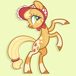 Size: 5000x5000 | Tagged: safe, artist:pilesofmiles, imported from derpibooru, applejack, earth pony, pony, alternate cutie mark, bonnet, coat markings, cute, female, jackabetes, personality swap, rearing, redesign, simple background, solo, swap, yellow background