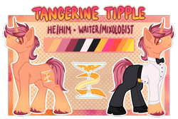 Size: 1500x1000 | Tagged: safe, artist:chvrchgrim, imported from derpibooru, oc, oc only, oc:tangerine tipple, unicorn, bowtie, clothes, fancy, horn, male, orange coat, pants, reference, reference sheet, shirt, shoes, simple background, solo, stallion, suit, transparent background, unshorn fetlocks