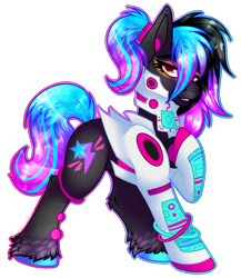 Size: 2000x2300 | Tagged: safe, artist:chvrchgrim, imported from derpibooru, oc, oc only, oc:synth runner, earth pony, bangs, black coat, bodysuit, circuit board, clothes, cyberpunk, ear piercing, eyeshadow, female, futuristic, gradient mane, gray coat, hair over one eye, hoof on chest, looking at you, makeup, mare, piercing, ponytail, raised hoof, shiny mane, simple background, smiling, smiling at you, solo, transparent background, unshorn fetlocks