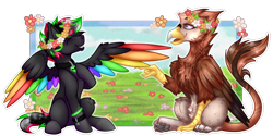 Size: 2000x1000 | Tagged: safe, artist:chvrchgrim, imported from derpibooru, oc, oc only, oc:krypt, oc:marlow, griffon, pegasus, pony, beak, claws, colored wings, duo, eyes closed, field, floral head wreath, flower, flower in hair, folded wings, friendship, grass, grass field, griffon oc, hanging out, hoof on chest, looking at each other, looking at someone, male, multicolored hair, multicolored mane, multicolored tail, multicolored wings, paw pads, paws, pegasus oc, pointing, pony oc, ponysona, rainbow wings, raised hoof, simple background, sitting, sky, smiling, smiling at each other, spread wings, stallion, tail, toe beans, transparent background, underpaw, wholesome, wings