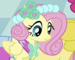 Size: 398x323 | Tagged: safe, imported from derpibooru, screencap, fluttershy, pinkie pie, pegasus, pony, a canterlot wedding, :i, alternate hairstyle, close-up, clothes, cropped, dress, solo