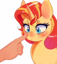 Size: 2500x2800 | Tagged: safe, artist:mrscurlystyles, imported from derpibooru, sunset shimmer, human, pony, unicorn, blushing, boop, cute, disembodied hand, female, hand, mare, noseboop, offscreen character, shimmerbetes, simple background, solo focus, white background