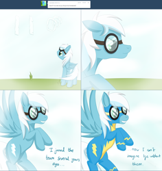 Size: 2562x2711 | Tagged: safe, artist:ask-fleetfoot, imported from derpibooru, fleetfoot, pegasus, pony, ask-fleetfoot, clothes, cloud, flying, goggles, quadrupedal, solo, uniform, wonderbolts uniform