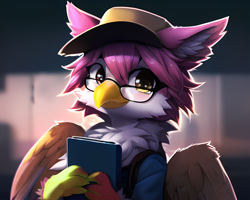 Size: 2560x2048 | Tagged: safe, imported from derpibooru, oc, oc:pixel grabber, hippogriff, ai content, ai generated, book, cap, glasses, hat, solo