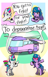 Size: 1550x2450 | Tagged: safe, artist:ebbysharp, imported from derpibooru, izzy moonbow, zipp storm, pegasus, pony, unicorn, beastie boys, bipedal, bracelet, colored wings, dialogue, duo, duo female, female, friendship bracelet, g5, hoof hold, jewelry, looking at you, mare, marestream, microphone, multicolored wings, one eye closed, open mouth, open smile, simple background, singing, smiling, smiling at you, speech bubble, sunglasses, wings, wink, winking at you