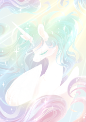 Size: 600x849 | Tagged: safe, artist:tiitcha, imported from derpibooru, princess celestia, pony, crepuscular rays, eyes closed, solo