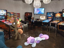 Size: 2048x1536 | Tagged: safe, artist:lbrcloud, imported from derpibooru, photographer:greyscaleljh, button mash, sweetie belle, earth pony, pony, unicorn, blank flank, duo, flop, irl, lying down, photo, pinball, pinball machine, ponies in real life, reference in the description