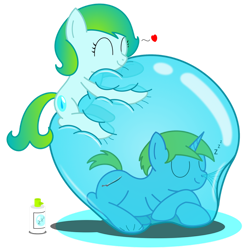 Size: 884x904 | Tagged: safe, artist:bladedragoon7575, imported from derpibooru, oc, oc only, oc:balance blade, oc:delphina depths, earth pony, pony, unicorn, bondage, bubble, bubble fetish, bubble solution, earth pony oc, encasement, eyes closed, floating heart, heart, horn, hug, in bubble, nose piercing, piercing, simple background, sleeping, transparent background, trapped, unicorn oc