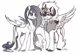 Size: 4096x2837 | Tagged: safe, artist:opalacorn, imported from derpibooru, oc, oc only, alicorn, hybrid, pony, duo, grayscale, horns, leonine tail, looking at each other, looking at someone, monochrome, simple background, spread wings, tail, unshorn fetlocks, white background, wings