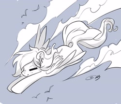 Size: 4096x3517 | Tagged: safe, artist:opalacorn, imported from derpibooru, oc, oc only, pegasus, pony, eyes closed, flying, monochrome, solo, windswept mane