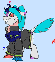 Size: 563x631 | Tagged: safe, imported from twibooru, cyborg, cyborg pony, kirin, pony, clothes, cyan mane, cyan tail, cyberpunk 2077 edgerunners, cyberpunk: edgerunners, evil grin, female, frowned eyebrows, grin, image, jacket, kirinified, mare, pigtails, pixel art, pixelplanet.fun, png, ponified, rebecca (cyberpunk: edgerunners), simple background, smiling, solo, species swap, straight tail, tail, twintails, white coat