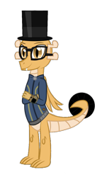 Size: 726x1257 | Tagged: safe, artist:ponygamer2020, derpibooru exclusive, imported from derpibooru, oc, oc only, oc:myoozik the dragon, dragon, fallout equestria, brown eyes, claws, clothes, crossed arms, dragon oc, dragon wings, fallout, glasses, hat, horn, jumpsuit, male, non-pony oc, pipboy, shirt, simple background, smiling, solo, tail, top hat, transparent background, vault suit, vector, wings