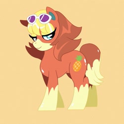 Size: 2000x2000 | Tagged: safe, imported from twibooru, pony, audie (animal crossing), bicolor mane, bicolor tail, eyelashes, eyeshadow, female, food, furry hooves, happy, image, light blue eyes, makeup, mare, needs more jpeg, orange coat, pineapple, ponified, shiny, simple background, sunglasses, yellow background