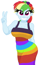 Size: 1050x1750 | Tagged: safe, artist:roseluck, derpibooru exclusive, imported from derpibooru, rainbow dash, human, equestria girls, equestria girls series, spring breakdown, spoiler:eqg series (season 2), alternate hairstyle, bare shoulders, big breasts, braid, braless, breasts, busty rainbow dash, cleavage, clothes, curvy, dress, eye clipping through hair, female, front view, grin, happy, hourglass figure, looking at you, open mouth, open smile, peace sign, ponytail, raised arm, sequins, shading, simple background, sleeveless, sleeveless dress, smiling, smiling at you, solo, walking, white background, wide hips
