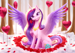 Size: 3508x2480 | Tagged: safe, artist:sparkling_light, edit, editor:pk perfect, princess cadance, alicorn, pony, balloon, beautiful, chest fluff, cute, cutedance, daaaaaaaaaaaw, dawwww, ear fluff, female, flower, flower in mouth, head tilt, heart, heart balloon, high res, hnnng, holiday, leg fluff, looking at you, mare, mouth hold, petals, princess of love, rose, rose in mouth, rose petals, sitting, snow, solo, spread wings, valentine's day, wings
