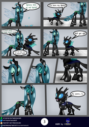 Size: 2560x3654 | Tagged: safe, artist:damlanil, imported from derpibooru, queen chrysalis, changeling, goo, latex pony, original species, comic:new conversion strategy, bdsm, bondage, close-up, clothes, collar, comic, commission, damlanil's lab, duo, encasement, female, flask, horn, laboratory, latex, latex changeling, living latex, male, mask, mind control, restrained, rubber, rubber drone, rubber suit, shiny, shiny mane, show accurate, speech bubble, standing, text, transformation, transformation sequence, vector, wings