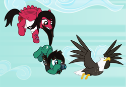 Size: 3175x2200 | Tagged: safe, artist:lightningbolt, derpibooru exclusive, imported from derpibooru, bald eagle, bird, eagle, earth pony, pegasus, pony, .svg available, beak, bring me the horizon, camera, carrying, clothes, cloud, duo, duo male, fluttering, flying, hoof hold, lip piercing, male, mike fuentes, photography, pierce the veil, piercing, ponified, shirt, sky, spread wings, stallion, struggling, svg, sweat, t-shirt, tail, tail pull, talons, tattoo, tom sykes, vector, wings