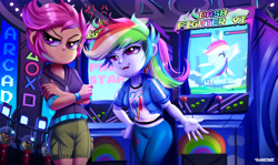 Size: 3671x2182 | Tagged: safe, artist:ichimoral, imported from derpibooru, rainbow dash, scootaloo, human, equestria girls, arcade, arcade cabinet, clothes, commission, cross-popping veins, crossed arms, dash fighter vi, duo, emanata, female, high res, indoors, pants, scootaloo is not amused, shorts, unamused, winner