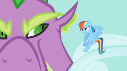 Size: 1280x720 | Tagged: safe, imported from derpibooru, screencap, rainbow dash, spike, dragon, pegasus, pony, secret of my excess, female, male, mare, spikezilla
