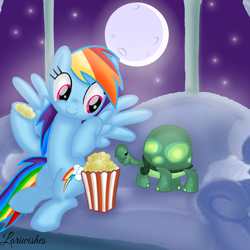 Size: 1400x1400 | Tagged: safe, artist:mlplary6, imported from derpibooru, rainbow dash, tank, pegasus, pony, turtle, animal, couch, eating, female, food, friends, herbivore, looking at each other, looking at someone, male, mare, moon, moonlight, night, popcorn, sitting, sky, smiling, smiling at each other